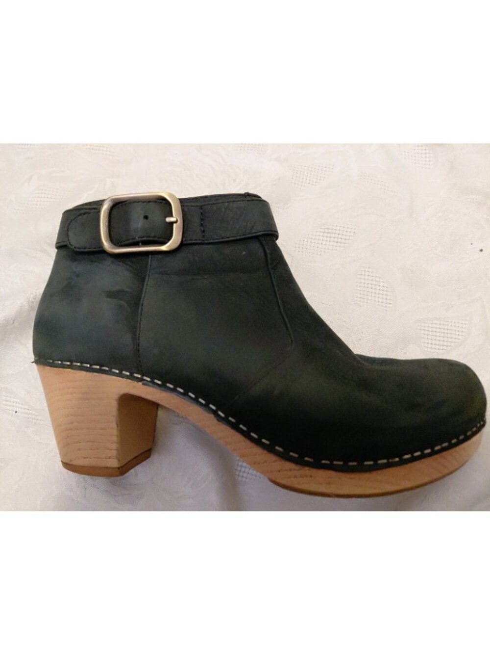 Dansko Ankle Bootie Nubuck Leather Autumn Black Size 38 Faux Wood Block Heel - Picture 7 of 11